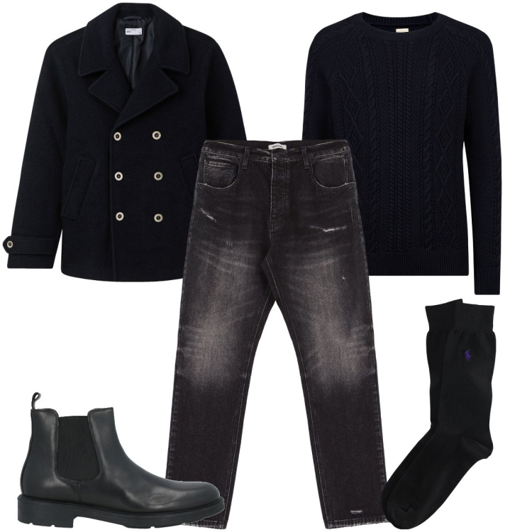 Outfit uomo - Total black. Stile Urban per Serata speciale. Abbinamento con stivali e stivaletti, cappotti, jeans slim fit, calzini, maglieria.