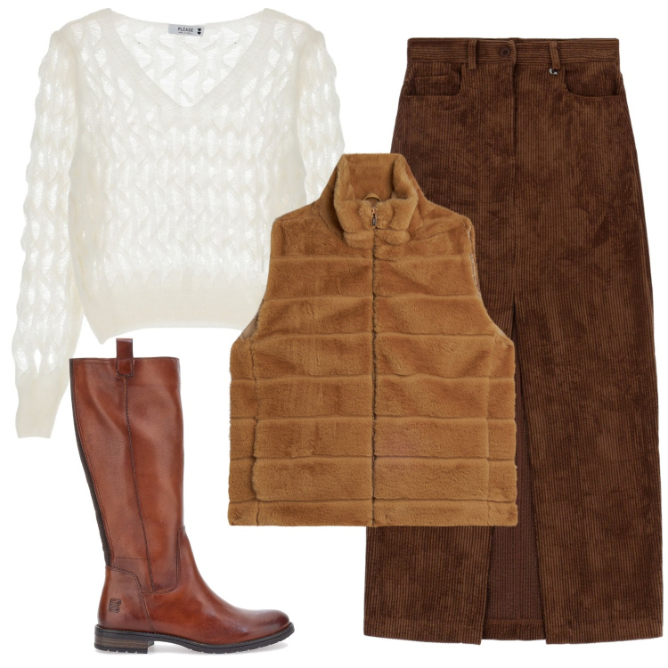 Outfit donna - Come un\' amazzone. Stile Sporty chic per Scuola/Università. Abbinamento con maglieria, gilet, gonne lunghe, stivali sopra il ginocchio.