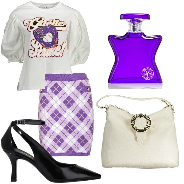 Outfit donna - bianco e viola. Stile Trendy per Tutti i giorni. Abbinamento con profumi, gonne, décolleté, t-shirt, borse a spalla.