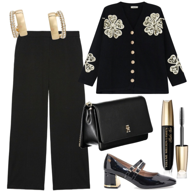 Outfit donna - Pantaloni a palazzo sopra la 50. Stile Casual chic per Serata fuori. Abbinamento con mascara, cardigans, orecchini, décolleté, borse a tracolla, pantaloni a palazzo.