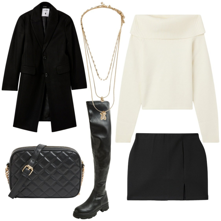 Outfit donna - Terranova Black friday. Stile Casual per Serata fuori. Abbinamento con maglieria, borse a tracolla, cappotti, minigonne, stivali, ciondoli.