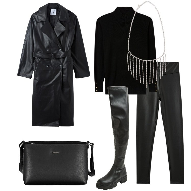 Outfit donna - Black is black. Stile Rock per Serata fuori. Abbinamento con collane, treggings, trench, maglieria, stivali, borse a tracolla.