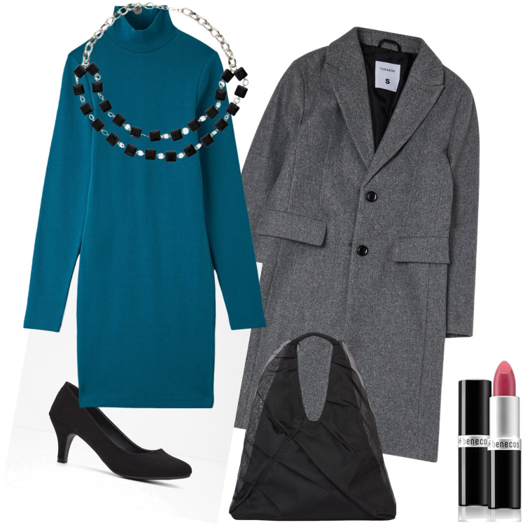 Outfit donna - Total look. Stile Urban per Tutti i giorni. Abbinamento con décolleté, rossetti, vestiti, cappotti, collane, shopping bag.