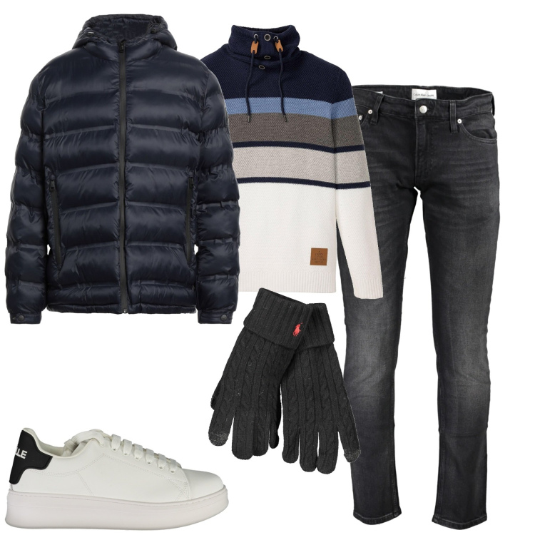 Outfit uomo - City. Stile Casual per Tutti i giorni. Abbinamento con maglieria, piumini, jeans slim fit, sneakers, guanti.