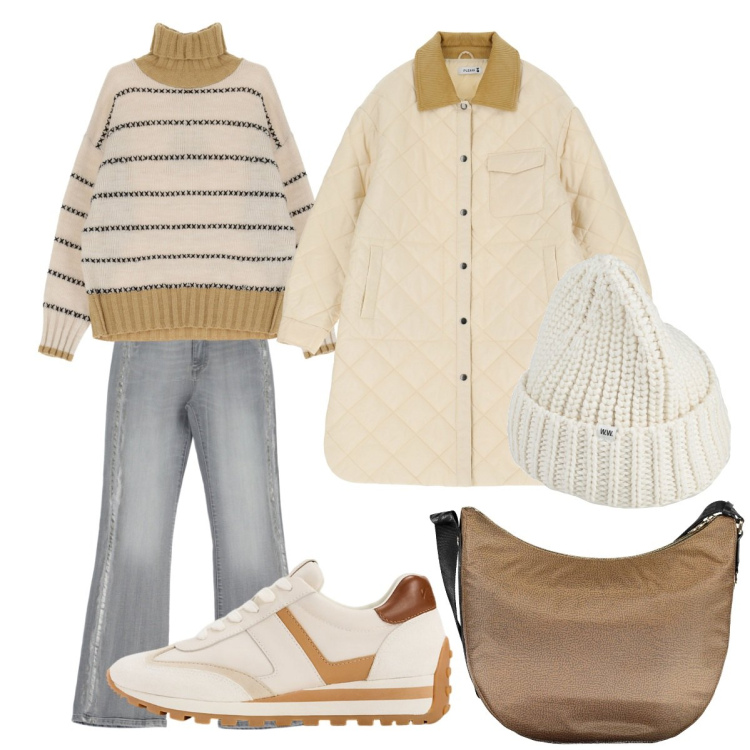 Outfit donna - Freezer. Stile Casual chic per Tutti i giorni. Abbinamento con cappelli, maglieria, blazer, jeans a zampa, sneakers, borse a tracolla.