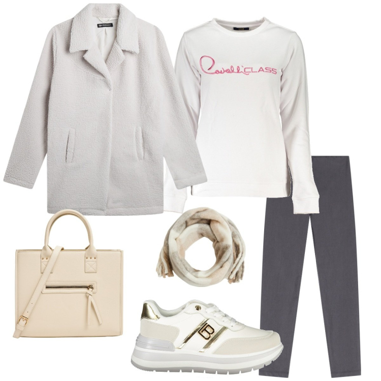 Outfit donna - Informale uscita. Stile Casual per Tutti i giorni. Abbinamento con shopping bag, sciarpe, pantaloni skinny, blazer, felpe, sneakers.