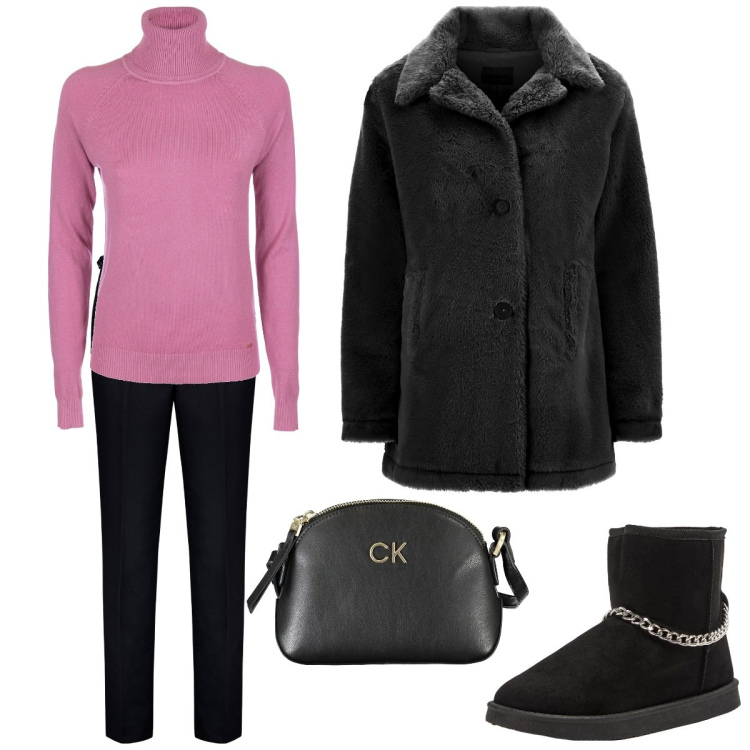 Outfit donna - Al centro commerciale. Stile Basic per Tutti i giorni. Abbinamento con stivaletti, maglieria, cappotti, pantaloni, borse a tracolla.