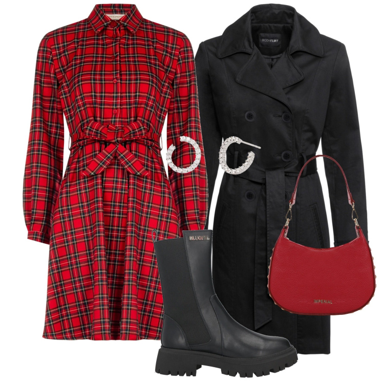 Outfit donna - Tartan estremo. Stile Bon Ton per Tutti i giorni. Abbinamento con trench, stivaletti chelsea, orecchini, vestiti chemisier, borse a spalla.