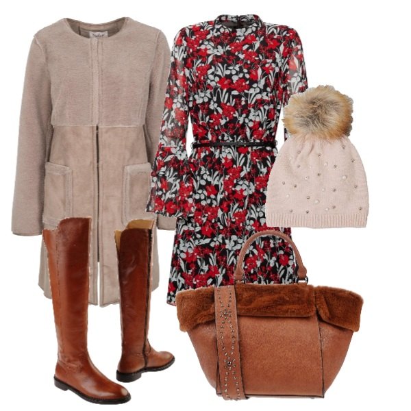 Outfit donna - Total look #200745. Abbinamento con borsa a mano in pelle martellata taglia media, cappotto effetto scamosciato, vestito nero, cuffia rosa, stivali in pelle.