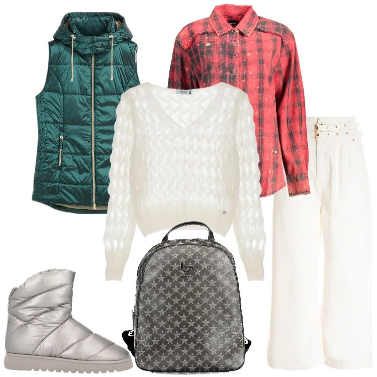 Outfit donna - Weekend a dicembre. Stile Trendy per Tutti i giorni. Abbinamento con gilet, stivaletti, pantaloni, maglieria, zaini, camicie.