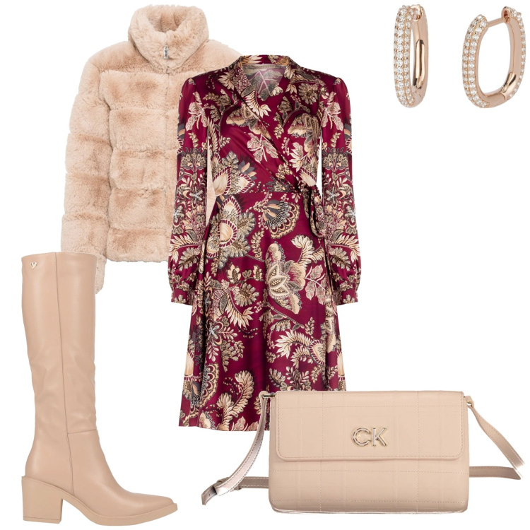 Outfit donna - Vestito stampa cachemire. Stile Glamour per Tutti i giorni. Abbinamento con ecopellicce, stivali, orecchini, vestiti, borse a tracolla.