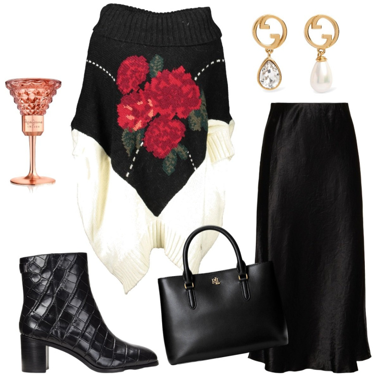 Outfit donna - A cena con il marito. Stile Bon Ton per Serata fuori. Abbinamento con profumi, borse a mano, stivaletti, orecchini, gonne longuette, maglieria.