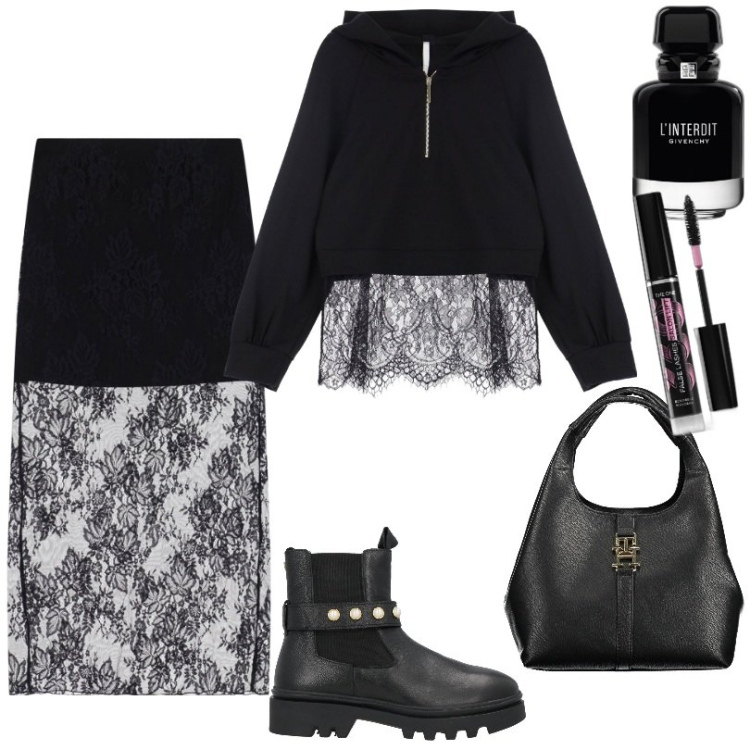 Outfit donna - Dettagli in pizzo. Stile Urban per Tutti i giorni. Abbinamento con stivaletti chelsea, profumi, mascara, felpe con cappuccio, gonne lunghe, borse a tracolla.