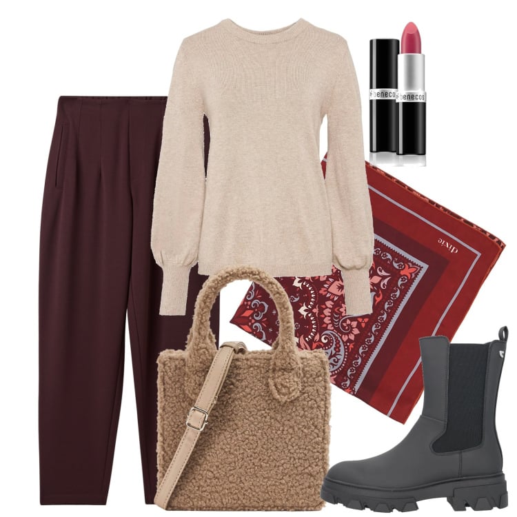 Outfit donna - Linee morbide. Stile Bon Ton per Tutti i giorni. Abbinamento con stivaletti, maglieria, rossetti, foulard, pantaloni chino, shopping bag.