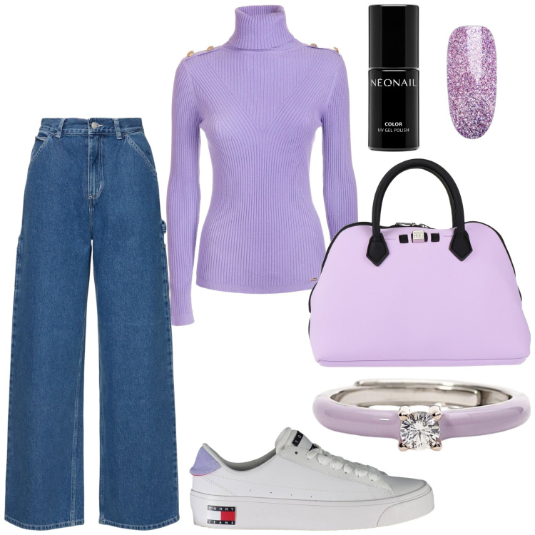 Outfit donna - Jeans e lilla. Stile Casual per Tutti i giorni. Abbinamento con borse a mano, smalti, anelli, maglieria, pantaloni, sneakers.