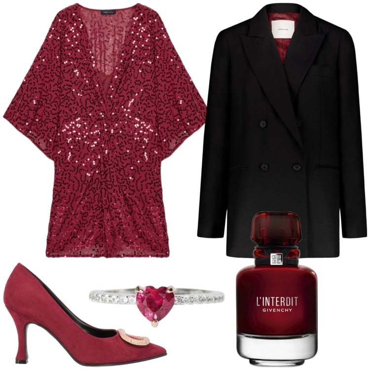 Outfit donna - Feste invernali. Stile Glamour per Serata fuori. Abbinamento con décolleté, profumi, anelli, vestiti, blazer.