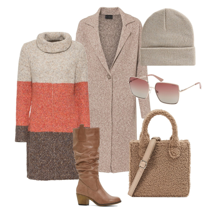 Outfit donna - Calda lana mélange. Stile Trendy per Tutti i giorni. Abbinamento con vestiti, cappotti, stivali, shopping bag, berretti, occhiali da sole.