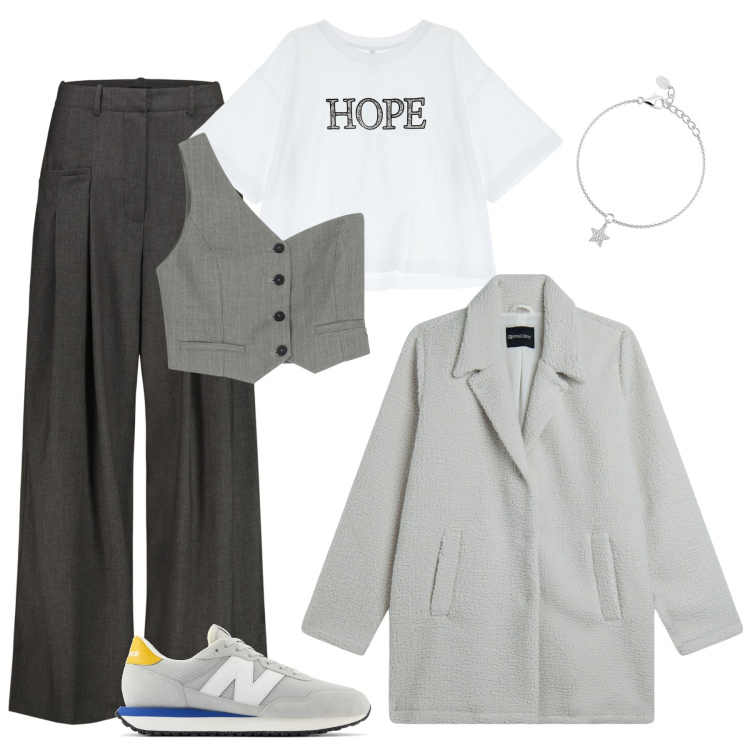 Outfit donna - Per tutti i giorni. Stile Casual per Tutti i giorni. Abbinamento con braccialetti con ciondoli, sneakers, gilet, t-shirt, cappotti, pantaloni.