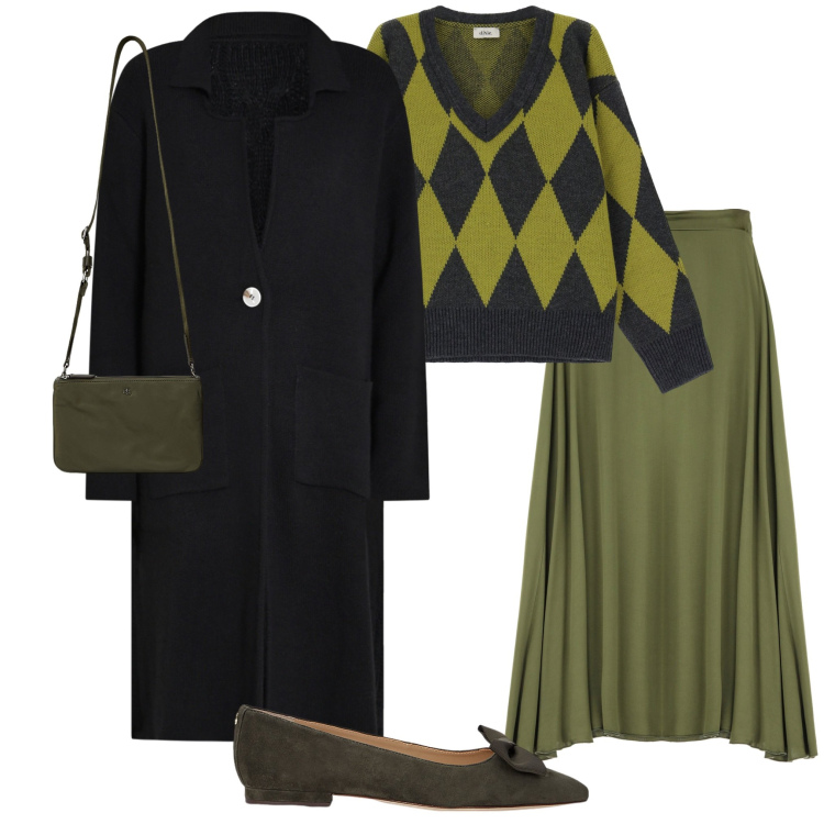 Outfit donna - In città. Stile Casual chic per Serata fuori. Abbinamento con cardigans, gonne lunghe, pullovers, ballerine, borse a tracolla.