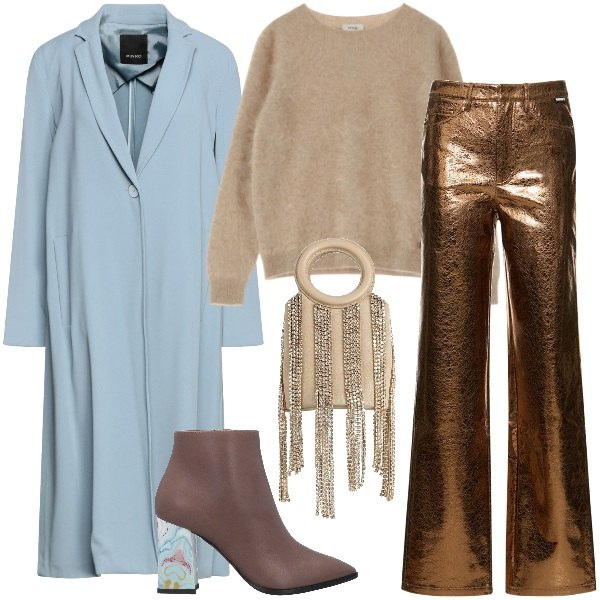 Outfit donna - Serata aperitivo. Stile Casual chic per Serata fuori. Abbinamento con stivaletti, trench, borse a secchiello, pullovers, pantaloni.