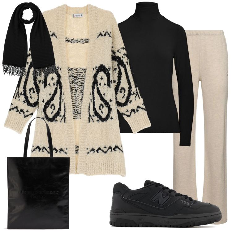 Outfit donna - Giro di shopping. Stile Casual chic per Tutti i giorni. Abbinamento con sciarpe, cardigans, sneakers, top, pantaloni, shopping bag.