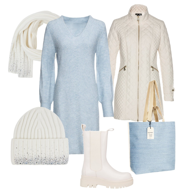 Outfit donna - Azzurro polvere e bianco. Stile Urban per Tutti i giorni. Abbinamento con vestiti, blazer, stivaletti chelsea, berretti, sciarpe, borse tote.