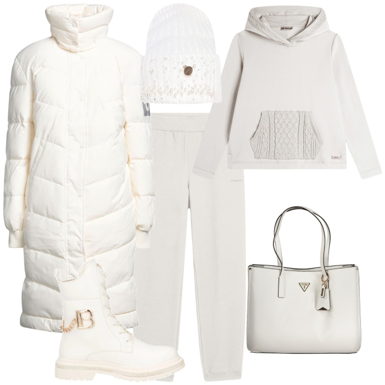 Outfit donna - Total look #2007555. Stile Urban per Tutti i giorni. Abbinamento con anfibi, piumini, berretti, pantaloni, felpe con cappuccio, borse a spalla.