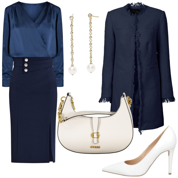 Outfit donna - Sfumature di blu. Stile Bon Ton per Serata fuori. Abbinamento con blazer, décolleté, orecchini, gonne longuette, bluse, borse a spalla.