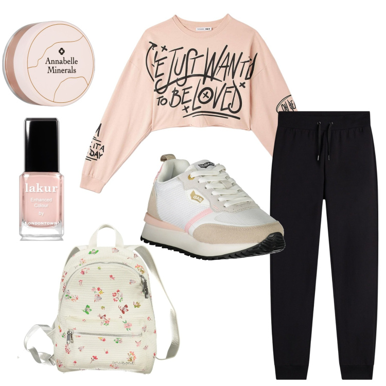 Outfit donna - Sport in rosa. Stile Romantica per Sport. Abbinamento con blush, smalti, t-shirt, pantaloni, sneakers, zaini.