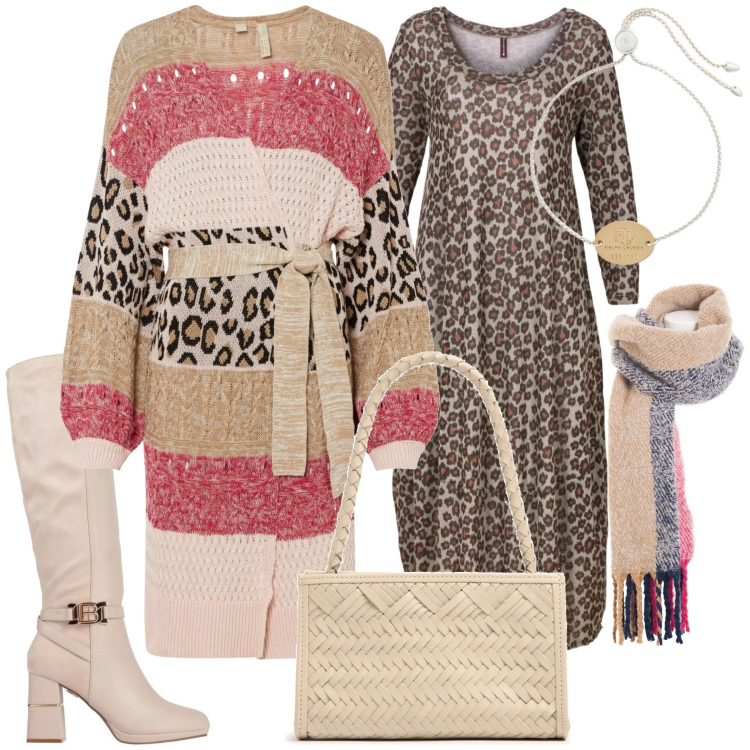 Outfit donna - Total look #2007565. Stile Casual per Tutti i giorni. Abbinamento con vestiti midi/longuette, cardigans, stivali, sciarpe, braccialetti con ciondoli, borse a spalla.
