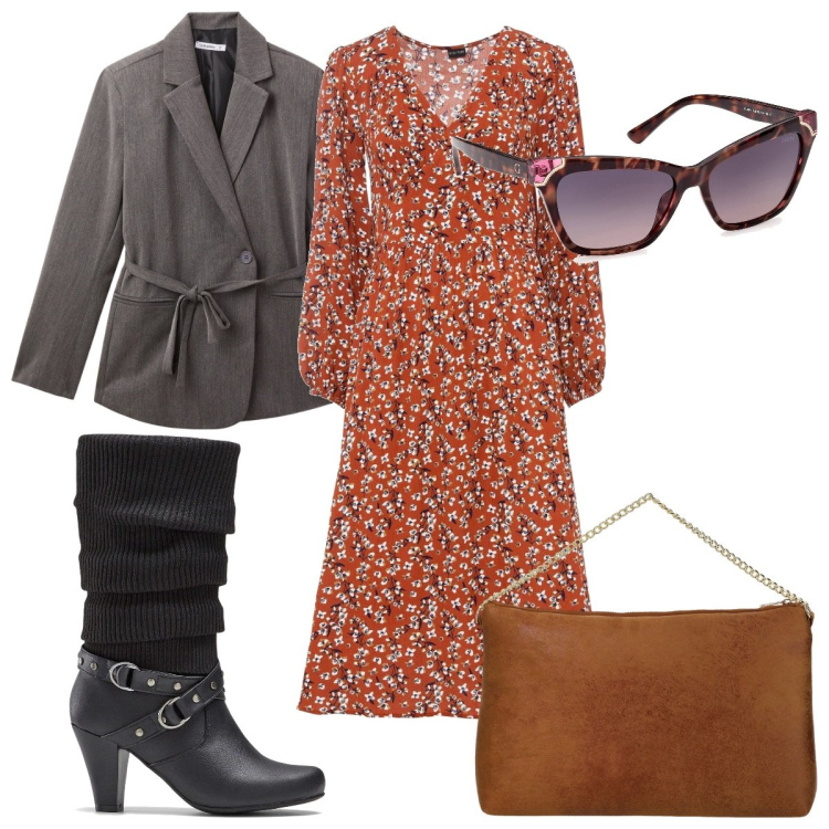 Outfit donna - Total look #2007574. Stile Trendy per Tutti i giorni. Abbinamento con stivali, vestiti midi/longuette, blazer, pochette, occhiali da sole.