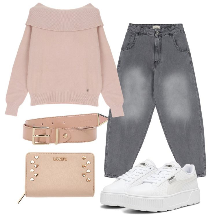 Outfit donna - Urban romantico. Stile Urban per Tutti i giorni. Abbinamento con cinture, maglieria, jeans, portafogli, sneakers.