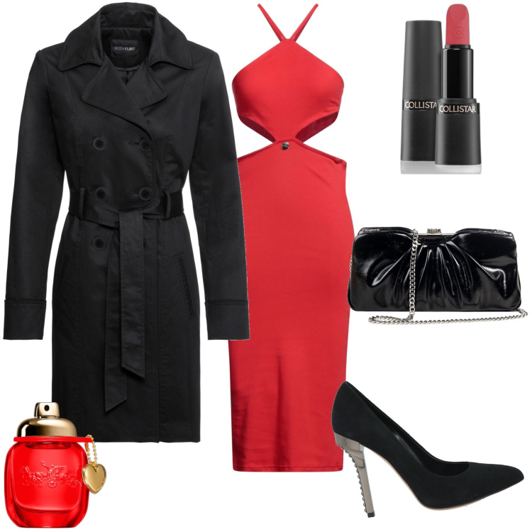 Outfit donna - Serata invernale. Stile Sexy per Serata fuori. Abbinamento con trench, vestiti midi/longuette, décolleté, rossetti, profumi, pochette.