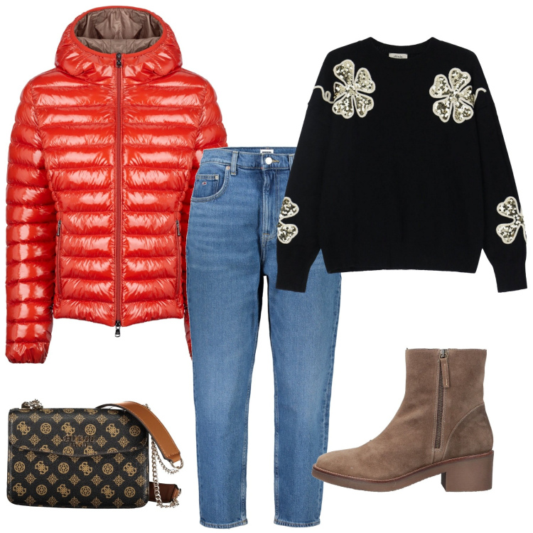 Outfit donna - Piumino rosso!. Stile Urban per Tutti i giorni. Abbinamento con stivaletti, pullovers, blazer, jeans mom, borse a spalla.