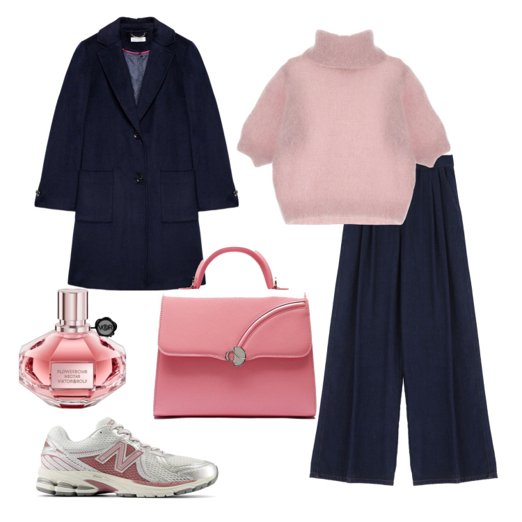 Outfit donna - Caban blu. Stile Casual chic per Tutti i giorni. Abbinamento con profumi, sneakers, pantaloni, maglieria, cappotti, borse a mano.
