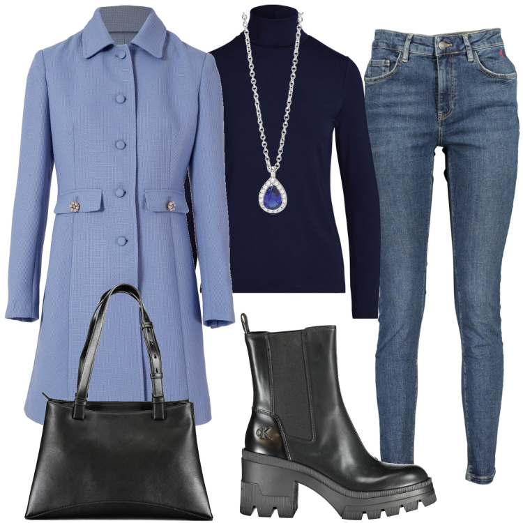 Outfit donna - Casual blu. Stile Casual per Ufficio. Abbinamento con collane, trench, vestiti, stivali, jeans slim fit, borse a spalla.