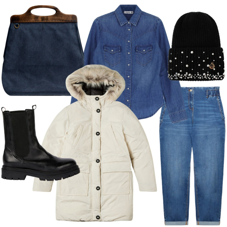 Outfit donna - Il berretto luminoso. Stile Casual chic per Tutti i giorni. Abbinamento con parka, camicie, berretti, borse a tracolla, jeans, stivaletti chelsea.