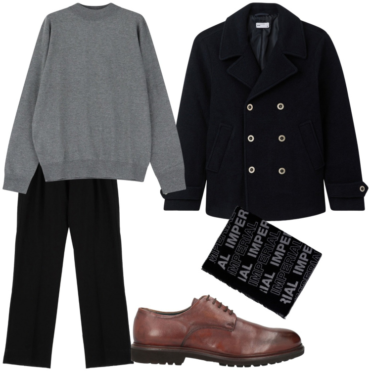 Outfit uomo - Outfit chic minimal. Stile Trendy per Ufficio. Abbinamento con scarpe stringate, cappotti, pantaloni, sciarpe, maglieria.