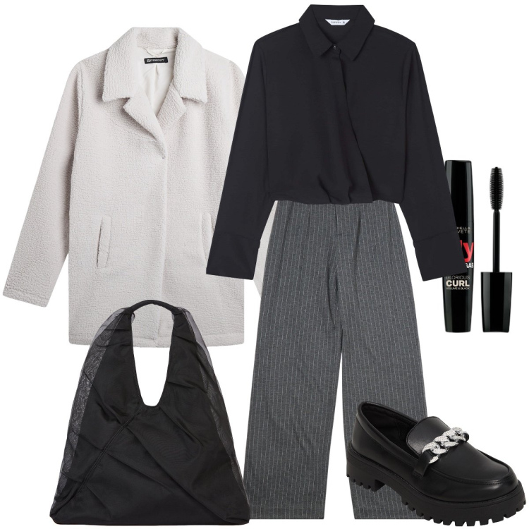 Outfit donna - Il pantalone gessato. Stile Casual chic per Ufficio. Abbinamento con mascara, pantaloni, bluse, mocassini, blazer, shopping bag.