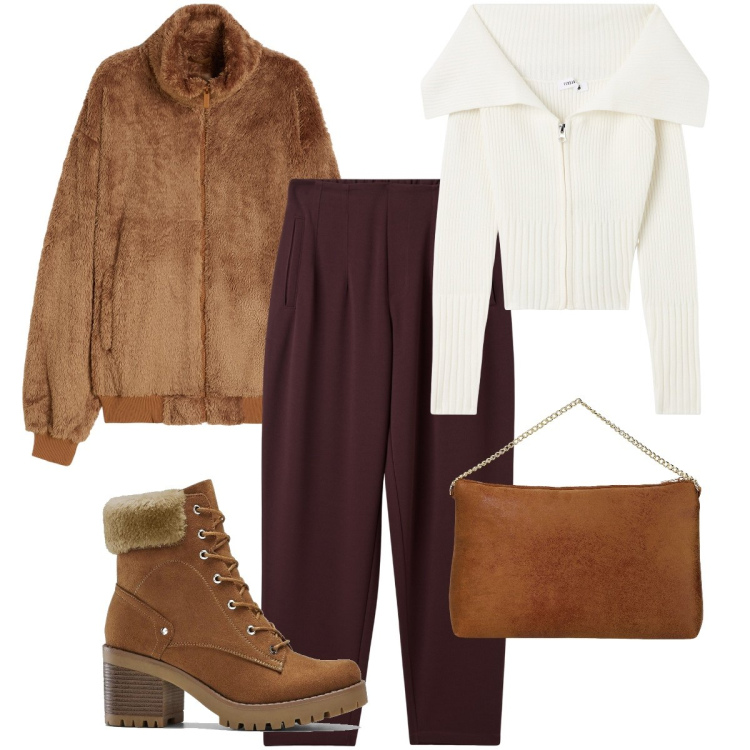 Outfit donna - Il coat peluche. Stile Casual chic per Tutti i giorni. Abbinamento con stivaletti, cardigans, pantaloni chino, blazer, pochette.