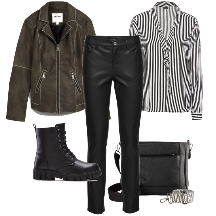 Outfit donna - Il pantalone in similpelle. Stile Rock per Tutti i giorni. Abbinamento con stivaletti, borse a tracolla, pantaloni, bluse, blazer.
