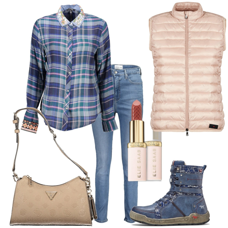 Outfit donna - Total look #2007625. Stile Casual per Tutti i giorni. Abbinamento con stivaletti, rossetti, piumini, camicie, jeans skinny, borse a spalla.