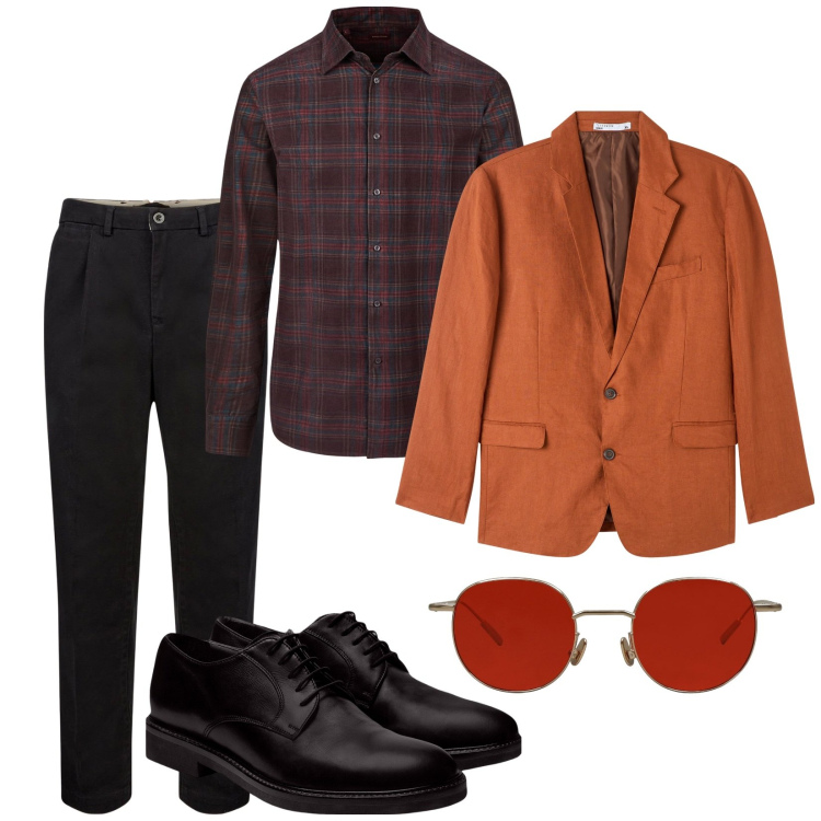 Outfit uomo - Mattina e ufficio. Stile Business/Elegante per Ufficio. Abbinamento con occhiali da sole, giacche, scarpe stringate, pantaloni, camicie.