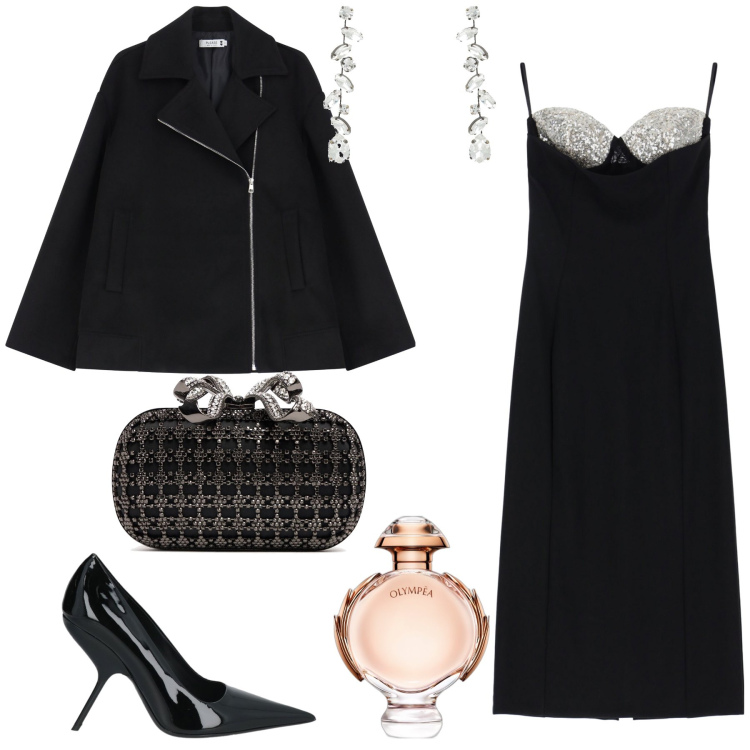 Outfit donna - Stasera mi sento una dea. Stile Glamour per Serata fuori. Abbinamento con décolleté, orecchini, profumi, blazer, vestiti lunghi, pochette.
