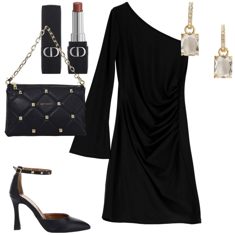 Outfit donna - Serata. Stile Minimal per Serata fuori. Abbinamento con rossetti, borse a spalla, décolleté, vestiti asimmetrici, orecchini.