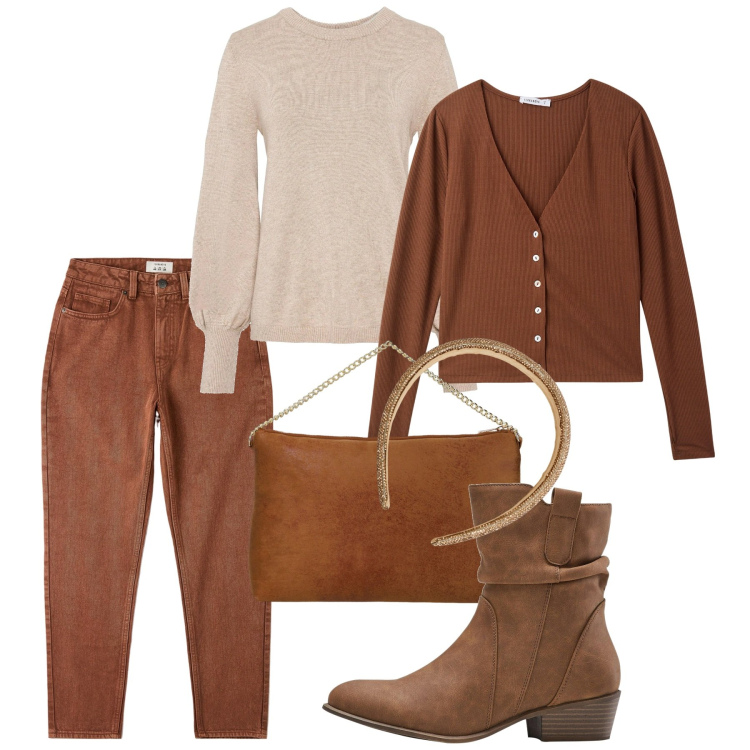 Outfit donna - Biscotto. Stile Casual per Tutti i giorni. Abbinamento con maglieria, stivaletti texani, cerchietti, jeans mom, cardigans, pochette.