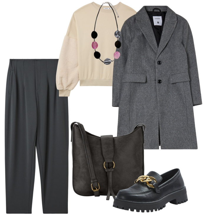 Outfit donna - Grey time. Stile Bon Ton per Ufficio. Abbinamento con borse a tracolla, pantaloni chino, felpe, mocassini, cappotti, collane.