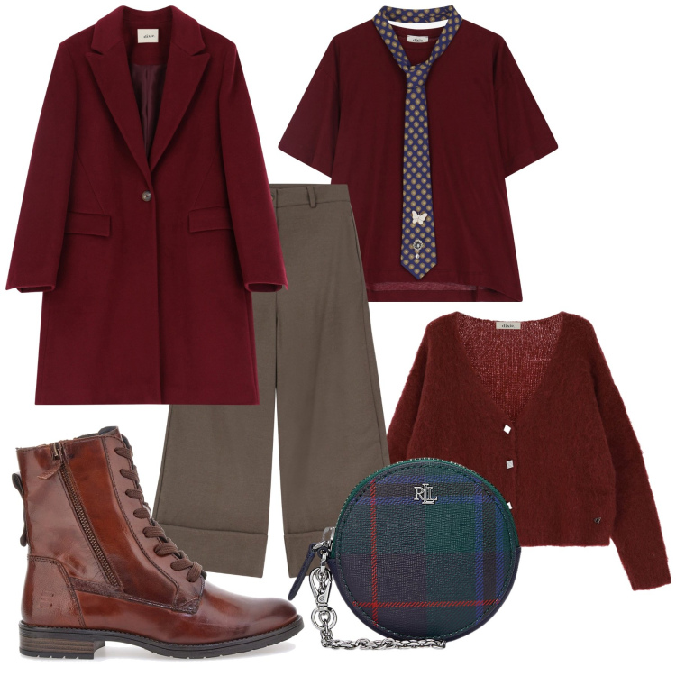 Outfit donna - Stile college. Stile Urban per Tutti i giorni. Abbinamento con pochette, t-shirt, cardigans, cappotti, pantaloni, anfibi.