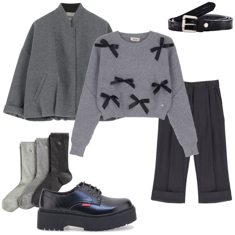 Outfit donna - Collegiale. Stile Urban per Tutti i giorni. Abbinamento con maglieria, bomber, cinture, pantaloni chino, calzini, francesine.