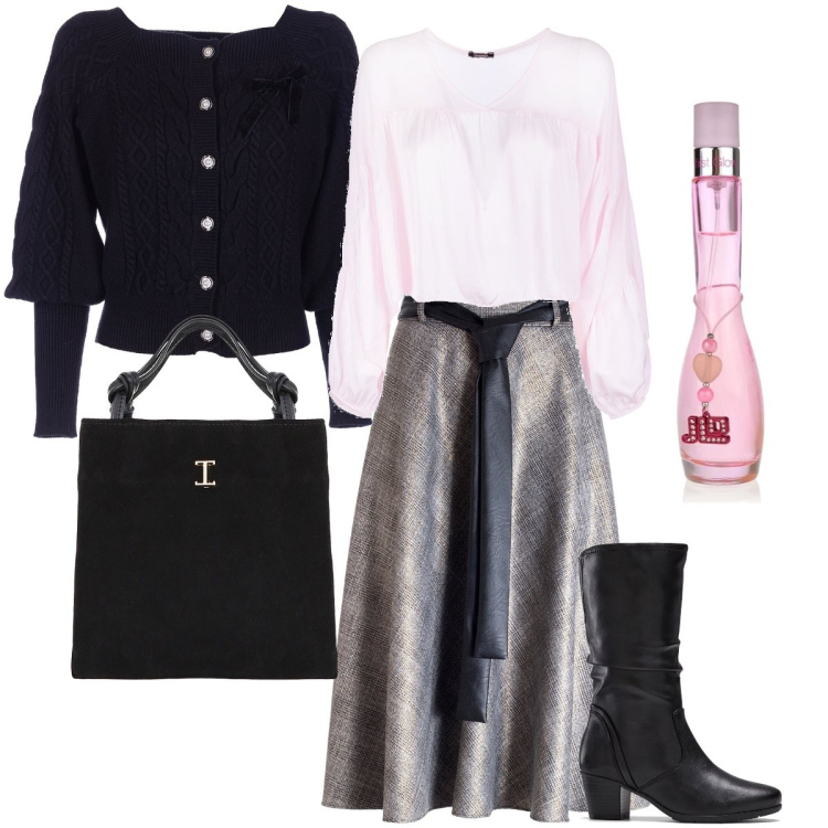 Outfit donna - La gonna con fusciacca. Stile Romantica per Ufficio. Abbinamento con stivali, profumi, gonne longuette, cardigans, bluse, shopping bag.